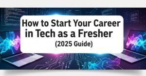 Young fresher exploring career options in the tech industry in 2025 with laptop and roadmap