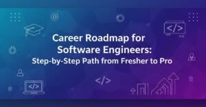 A tech-themed banner showing a digital career roadmap with icons and text “Career Roadmap for Software Engineers: Step-by-Step Path from Fresher to Pro
