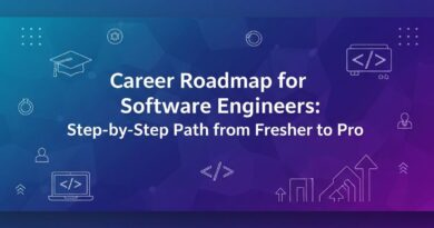 A tech-themed banner showing a digital career roadmap with icons and text “Career Roadmap for Software Engineers: Step-by-Step Path from Fresher to Pro