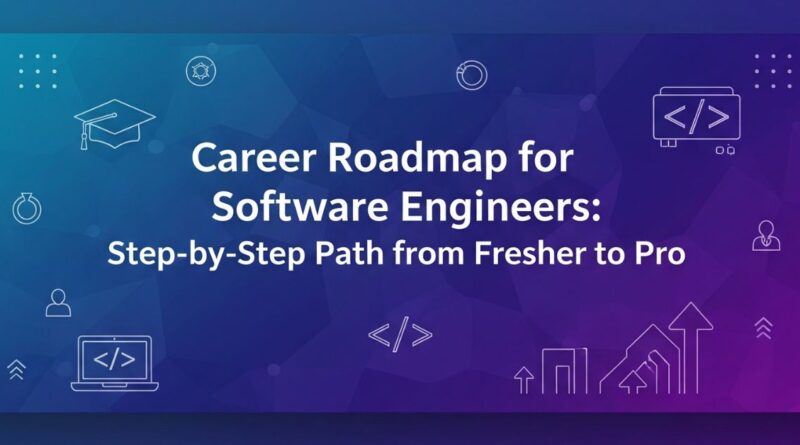 A tech-themed banner showing a digital career roadmap with icons and text “Career Roadmap for Software Engineers: Step-by-Step Path from Fresher to Pro
