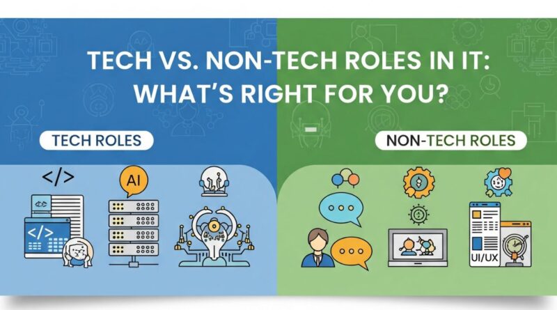 A split banner comparing tech and non-tech roles in IT, with icons like code and servers on one side, and charts and communication symbols on the other, featuring the title “Tech vs. Non-Tech Roles in IT: What’s Right for You?
