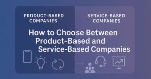 A banner showing a visual split between product-based and service-based companies, with icons like apps and innovation on one side, and client support and teamwork on the other. Text reads: “How to Choose Between Product-Based and Service-Based Companies