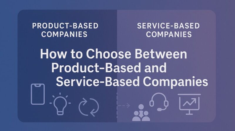 A banner showing a visual split between product-based and service-based companies, with icons like apps and innovation on one side, and client support and teamwork on the other. Text reads: “How to Choose Between Product-Based and Service-Based Companies