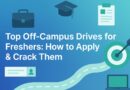 A digital banner featuring a graduation cap, briefcase, resume, target with arrow, and roadmap icons with the title “Top Off-Campus Drives for Freshers: How to Apply & Crack Them