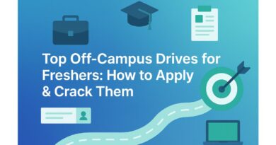 A digital banner featuring a graduation cap, briefcase, resume, target with arrow, and roadmap icons with the title “Top Off-Campus Drives for Freshers: How to Apply & Crack Them