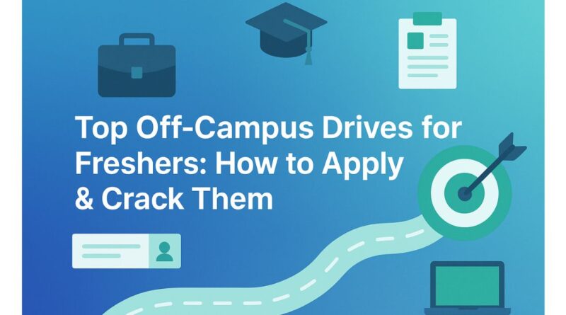 A digital banner featuring a graduation cap, briefcase, resume, target with arrow, and roadmap icons with the title “Top Off-Campus Drives for Freshers: How to Apply & Crack Them