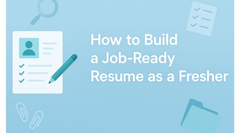 A clean digital banner featuring a resume, pencil, magnifying glass, checklist, and folder icons, with the title “How to Build a Job-Ready Resume as a Fresher” in bold white text on a light blue background.