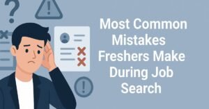 A digital banner showing a confused young man in a suit with a question mark above his head, next to a crossed-out resume, checklist, and warning icons. The title “Most Common Mistakes Freshers Make During Job Search” appears in bold white font on a blue-gray background.