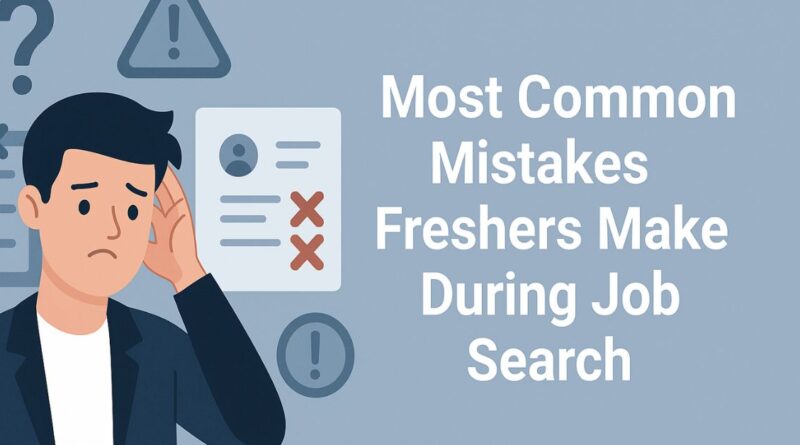 A digital banner showing a confused young man in a suit with a question mark above his head, next to a crossed-out resume, checklist, and warning icons. The title “Most Common Mistakes Freshers Make During Job Search” appears in bold white font on a blue-gray background.