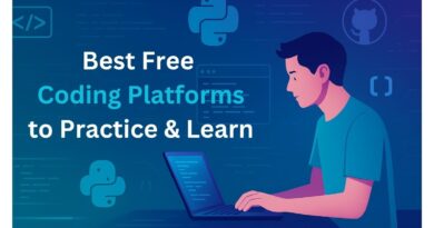 An illustrated banner showing a young man coding on a laptop with the title “Best Free Coding Platforms to Practice & Learn” in bold white and blue text, surrounded by icons of Python, GitHub, and HTML on a digital blue gradient background.