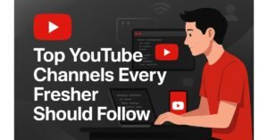 A digital illustration showing a young man watching YouTube coding tutorials on a laptop and phone, with the bold headline “Top YouTube Channels Every Fresher Should Follow” on a dark grey background with red and white accents.