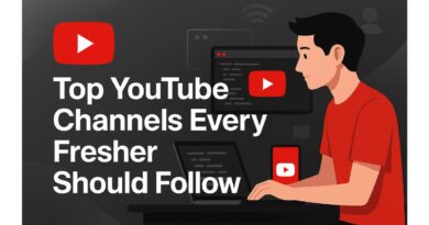 A digital illustration showing a young man watching YouTube coding tutorials on a laptop and phone, with the bold headline “Top YouTube Channels Every Fresher Should Follow” on a dark grey background with red and white accents.