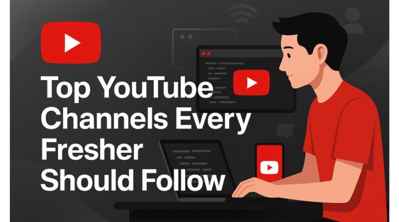 A digital illustration showing a young man watching YouTube coding tutorials on a laptop and phone, with the bold headline “Top YouTube Channels Every Fresher Should Follow” on a dark grey background with red and white accents.