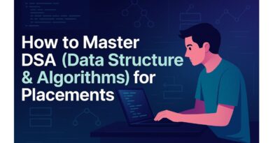 An illustrated banner with a student focused on coding at a laptop. The bold title reads “How to Master DSA (Data Structure & Algorithms) for Placements,” surrounded by abstract diagrams of data structures like trees, graphs, and flowcharts on a dark tech-themed background.