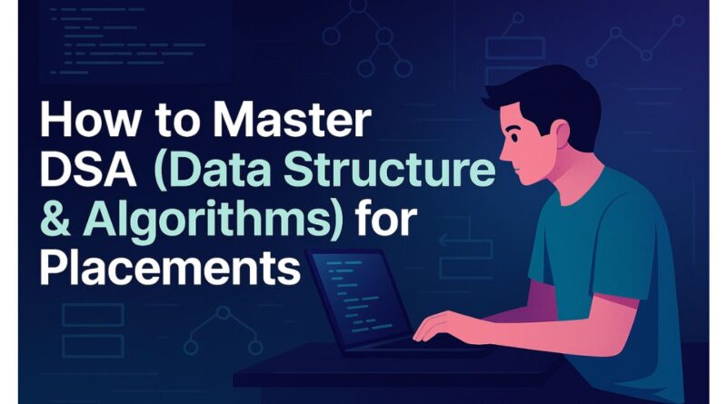 An illustrated banner with a student focused on coding at a laptop. The bold title reads “How to Master DSA (Data Structure & Algorithms) for Placements,” surrounded by abstract diagrams of data structures like trees, graphs, and flowcharts on a dark tech-themed background.