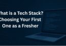 Icons representing front-end, back-end, and database technologies stacked together to form a tech stack for beginners.