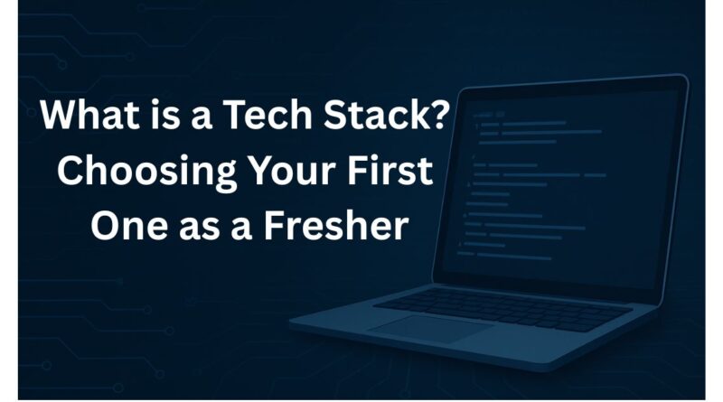 Icons representing front-end, back-end, and database technologies stacked together to form a tech stack for beginners.