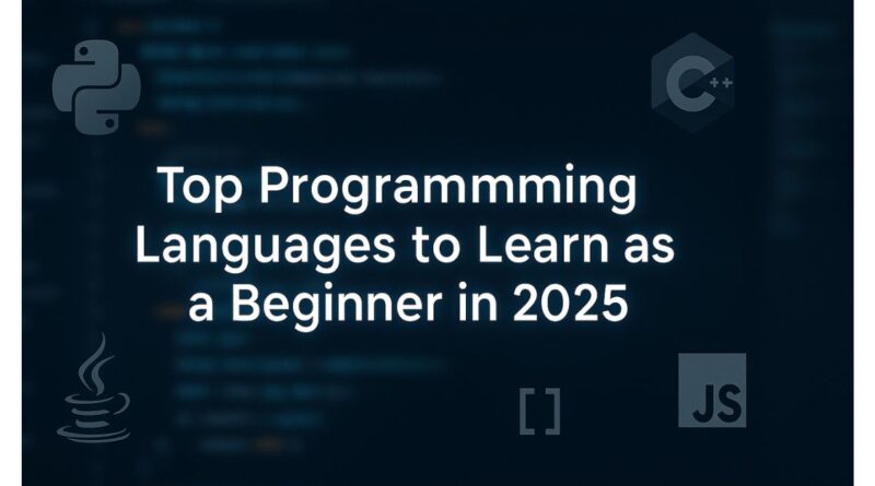 Banner showing the title "Top Programming Languages to Learn as a Beginner in 2025" with coding background and icons of Python, Java, C++, and JavaScript.