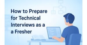 Banner showing a student with headphones preparing for a technical interview on a laptop, surrounded by a book and flowchart graphics. Title text reads 'How to Prepare for Technical Interviews as a Fresher' in dark blue.