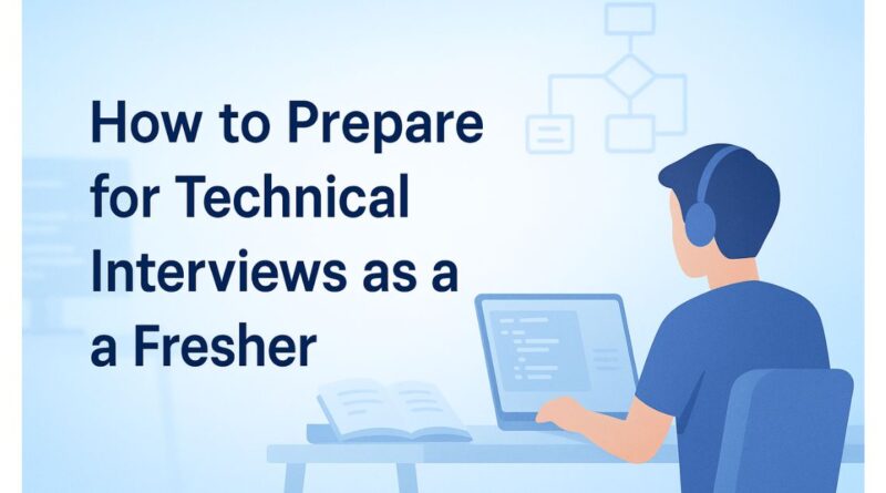 Banner showing a student with headphones preparing for a technical interview on a laptop, surrounded by a book and flowchart graphics. Title text reads 'How to Prepare for Technical Interviews as a Fresher' in dark blue.