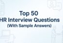 Professional banner with the title 'Top 50 HR Interview Questions (With Sample Answers)' on a soft sky blue gradient background with icons of office workspace, resume, HR chat bubbles, and business handshake.
