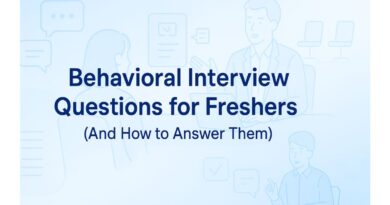 Banner image with the title 'Behavioral Interview Questions for Freshers (And How to Answer Them)' on a light blue gradient background, featuring line-style illustrations of an interview conversation, HR chat bubbles, checklist icons, and office chairs.