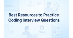Banner with the title 'Best Resources to Practice Coding Interview Questions' on a blue gradient background, featuring line-style illustrations of coding on a laptop, flowcharts, checklists, and icons resembling LeetCode, HackerRank, and GitHub.