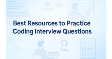 Banner with the title 'Best Resources to Practice Coding Interview Questions' on a blue gradient background, featuring line-style illustrations of coding on a laptop, flowcharts, checklists, and icons resembling LeetCode, HackerRank, and GitHub.