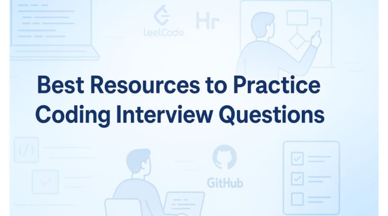 Banner with the title 'Best Resources to Practice Coding Interview Questions' on a blue gradient background, featuring line-style illustrations of coding on a laptop, flowcharts, checklists, and icons resembling LeetCode, HackerRank, and GitHub.