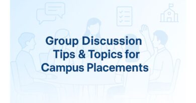 Banner with the title 'Group Discussion Tips & Topics for Campus Placements' in dark blue font, set on a soft light blue gradient background with line illustrations of students in a group discussion, speech bubbles, checklists, and a campus building icon.