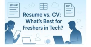 Flat-style digital banner showing a comparison between a resume and CV, with tech icons, laptops, and silhouettes of two professionals on a soft sky-blue gradient background.