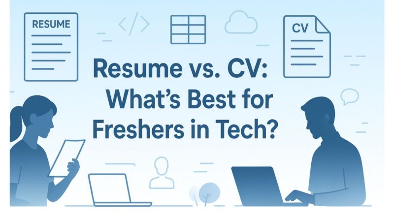 Flat-style digital banner showing a comparison between a resume and CV, with tech icons, laptops, and silhouettes of two professionals on a soft sky-blue gradient background.