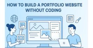 Flat-style digital illustration showing a man and woman building a portfolio website using drag-and-drop tools, with icons representing web design and a large screen displaying layout blocks, on a soft blue gradient background.