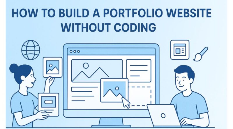 Flat-style digital illustration showing a man and woman building a portfolio website using drag-and-drop tools, with icons representing web design and a large screen displaying layout blocks, on a soft blue gradient background.