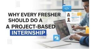 Fresher working on a laptop during a project-based internship, gaining hands-on experience.