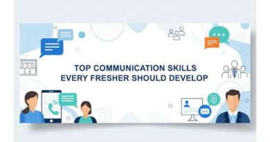 Banner with title 'Top Communication Skills Every Fresher Should Develop' highlighting essential soft skills for freshers entering the tech industry.