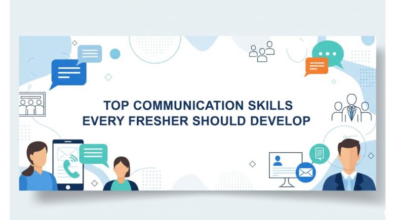 Banner with title 'Top Communication Skills Every Fresher Should Develop' highlighting essential soft skills for freshers entering the tech industry.