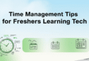 Banner displaying the title 'Time Management Tips for Freshers Learning Tech' with icons of clocks, planners, and coding elements.