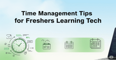 Banner displaying the title 'Time Management Tips for Freshers Learning Tech' with icons of clocks, planners, and coding elements.