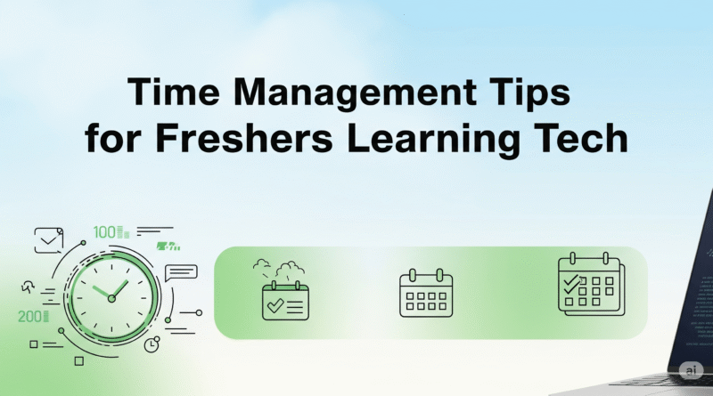 Banner displaying the title 'Time Management Tips for Freshers Learning Tech' with icons of clocks, planners, and coding elements.