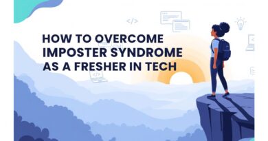 Banner with the title 'How to Overcome Imposter Syndrome as a Fresher in Tech' featuring visuals of growth, confidence, and self-belief in a tech setting.