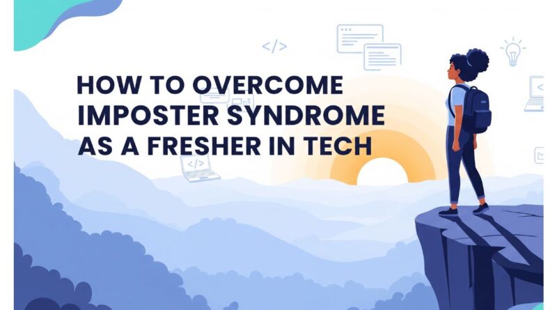 Banner with the title 'How to Overcome Imposter Syndrome as a Fresher in Tech' featuring visuals of growth, confidence, and self-belief in a tech setting.