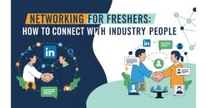 Banner with the title 'Networking for Freshers: How to Connect with Industry People' showing icons of LinkedIn, virtual meetings, and professional connections.