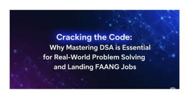 Banner image for a tech blog post, featuring the prominent title "Cracking the Code: Why Mastering DSA is Essential for Real-World Problem Solving and Landing FAANG Jobs" against a futuristic blue and purple digital background.
