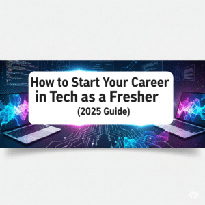 Young fresher exploring career options in the tech industry in 2025 with laptop and roadmap.