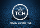 Circular tech logo with white "TCH" initials and a black graduation cap on a dark blue circuit board background, with "Telugu Careers Hub" below.