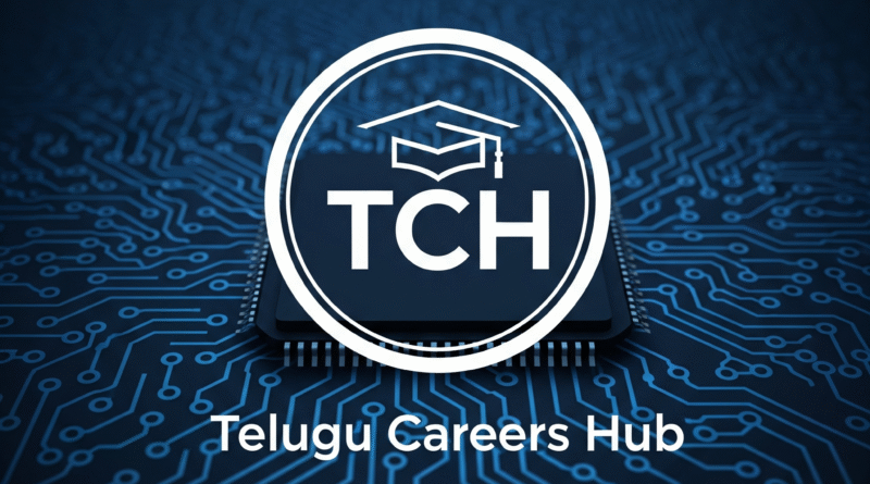 Circular tech logo with white "TCH" initials and a black graduation cap on a dark blue circuit board background, with "Telugu Careers Hub" below.