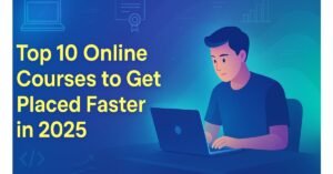 Illustration of a student using a laptop with highlighted text "Top 10 Online Courses to Get Placed Faster in 2025" on a tech-themed background.