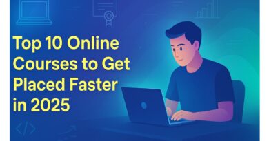 Illustration of a student using a laptop with highlighted text "Top 10 Online Courses to Get Placed Faster in 2025" on a tech-themed background.