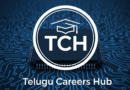 Circular tech logo with white "TCH" initials and a black graduation cap on a dark blue circuit board background, with "Telugu Careers Hub" below.